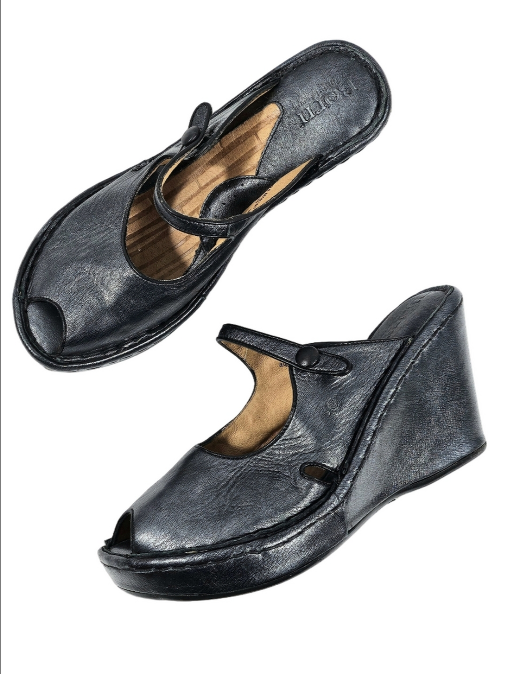 Born Metallic Black Leather Peep Toe Mary Jane Platform Wedge Comfort Shoe